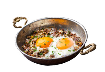 From traditional Turkish cuisine; fried eggs with meat. Turkish name; kavurmali yumurta