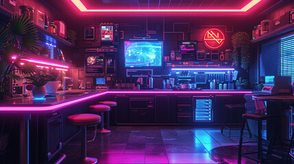 Immerse yourself in a cyberpunk-inspired kitchen with holographic displays, neon lighting, and high-tech appliances, redefining the culinary experience in a futuristic setting. 