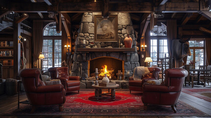 Immerse yourself in a cozy cabin retreat, featuring a stone fireplace, rustic wooden beams, and oversized leather chairs, exuding warmth and tranquility. 