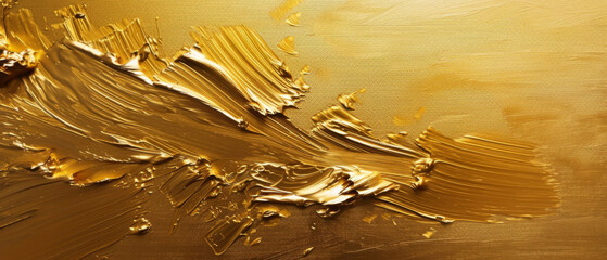Closeup of abstract rough gold golden art painting texture, with oil or acrylic brushstroke, pallet knife paint on canvas background