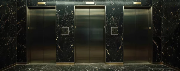Schilderijen op glas Polished metal elevator doors contrast with the dark, veined marble of an opulent lobby © ANStudio