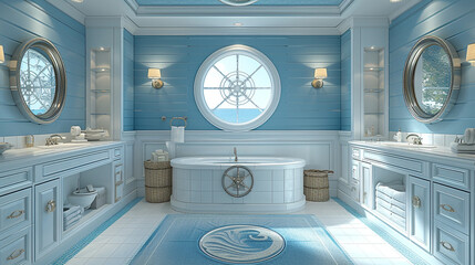 Immerse yourself in a nautical-themed bathroom with ship wheel mirrors, porthole-inspired windows, and marine blue accents, creating a serene seascape within your home.  - obrazy, fototapety, plakaty