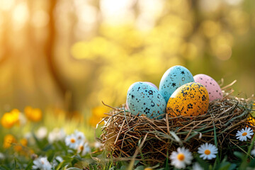 Colorful decorated Easter eggs in a nest on a lush green meadow