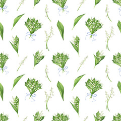 Watercolor seamless pattern with bouquets of lilies of the valley and isolated botanical elements. Delicate floral endless background - obrazy, fototapety, plakaty