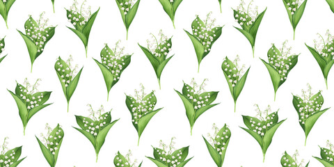 Watercolor seamless pattern with bouquets of lilies of the valley on a white background. Delicate floral endless wallpaper