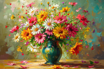 Blooming Beauty: A Colorful Floral Bouquet in an Artistic Oil Painting, Capturing the Vibrance of Spring Still Life"