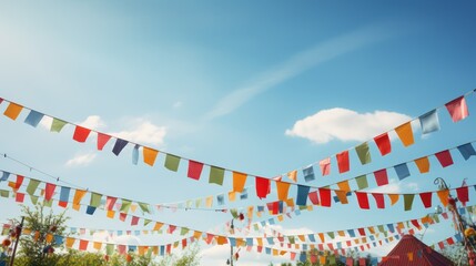 Vibrant festoons Colorful bunting flags and bulbs against the sky