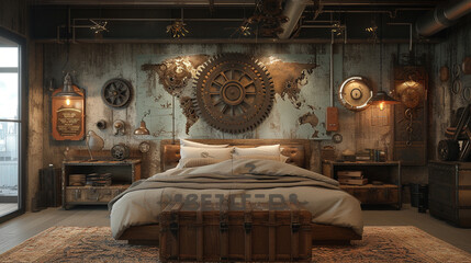 Immerse yourself in a steampunk-themed bedroom with intricate gears, vintage trunks, and Edison bulb lighting, creating a timeless and industrial sleeping sanctuary.  - obrazy, fototapety, plakaty