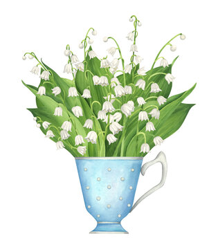 Bouquet of lilies of the valley in a vintage tea mug. Watercolor botanical spring illustration on white background