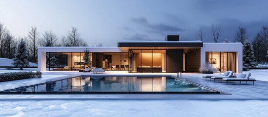 3d rendering modern house with pool on winter evening landscaping background. AI generated image