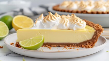 Scrumptious key lime pie and lemon meringue tart beautifully arranged on a pristine white surface