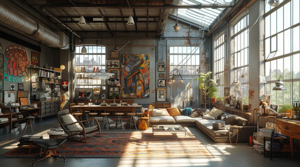 Immerse yourself in an artist's loft-inspired studio with a vast skylight, industrial furniture, and walls adorned with ever-changing digital art, fostering creativity and inspiration. 