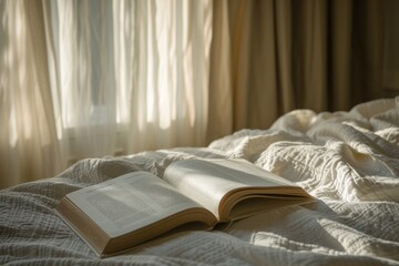 Fototapeta na wymiar A book lay on the bed, and the gentle morning light streamed into the window.