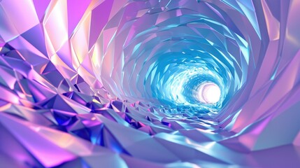 A surreal tunnel of iridescent triangular facets in hues of blue and purple. AI Generative