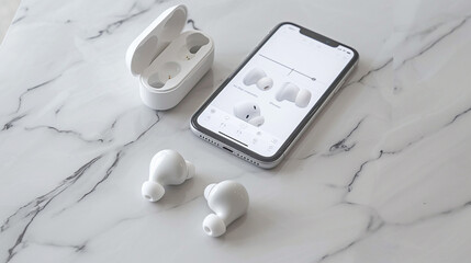 Fototapeta na wymiar A set of wireless earbuds on a marble surface, with a smartphone displaying a music app beside them. 