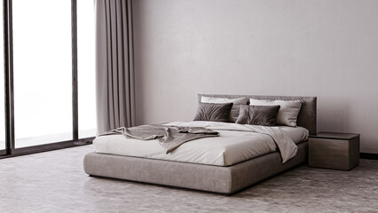 3D rendering of a modern bedroom in medium tones. Background image with space for advertising.

