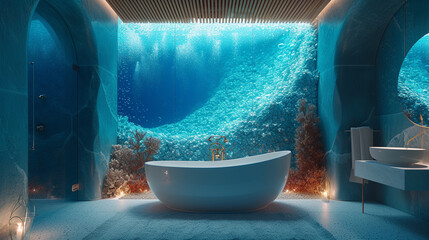 Immerse yourself in an underwater-themed bathroom, where mosaic tiles resembling ocean waves and a coral-inspired bathtub create a tranquil aquatic escape.  - obrazy, fototapety, plakaty