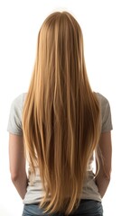 Fototapeta premium Back view of young woman with long straight blonde hair, isolated on white background