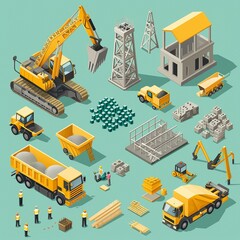 Project teamwork in construction. isometric illustration