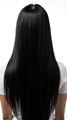 Back view of young woman with long straight shiny black hair, isolated on white background