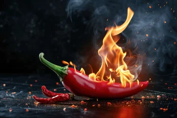 Keuken achterwand Hete pepers Burning hot red chilies in fire on dark black background. Spices  © ORG