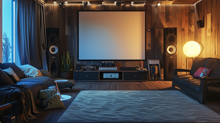 A state-of-the-art home theater system in a cozy living room, with a large screen and surround sound speakers.  - obrazy, fototapety, plakaty