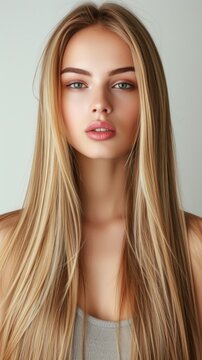 Young woman with long straight blonde hair, isolated on a light background.