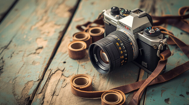 A vintage camera on a leather strap, placed on an old wooden table with rolls of film beside it. 