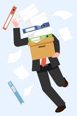 Busy businessman hold many stack of paper pile and folder while stumble, Slipped fall with folder and paper document on hand.
