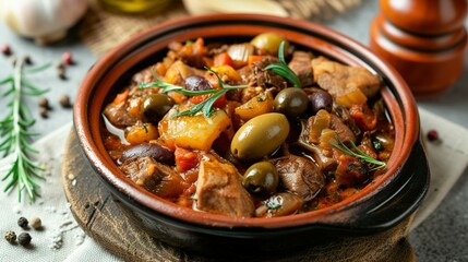 Spanish dish Callos a la Madrilena, typical stew with beef tripe, serving with olives