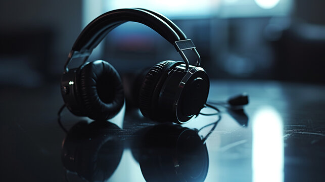 High-quality headphones resting on a glossy black surface, reflecting a subtle ambient light. 
