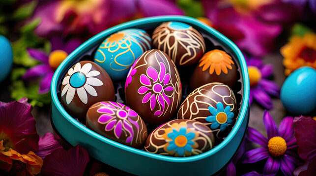 Top view of Easter chocolate eggs on spring floral background.