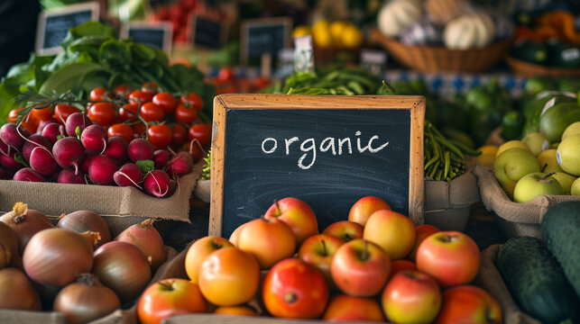 fresh organic vegetables on the shelves of the bazaar. Inscription organic