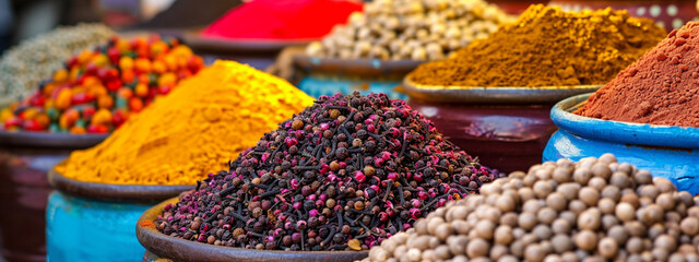 different types of spices on the shelves of the market