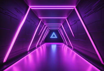 Neon light abstract background. Triangle tunnel or corridor violet neon glowing lights. Laser lines and LED technology create glow in dark room. Cyber club neon light stage room.