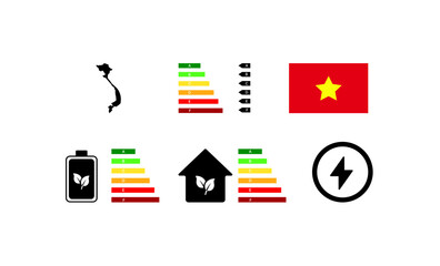 Letter rating icon. National flag of Vietnam. Battery, house and lightning icon. Flat style