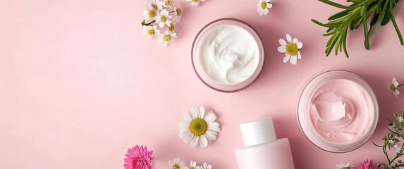 Closeup shot of natural organic skincare cream and flowers on a pink background