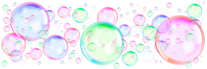 Flying multi-colored soap bubbles isolated on a transparent background. Web banner.