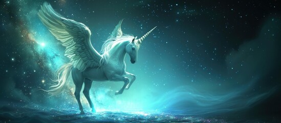 Obraz na płótnie Canvas Realistic magical, mythical winged pegasus unicorn horse fantasy background. AI generated image