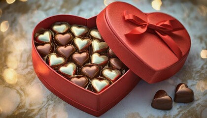 Czerwone pudełko w kształcie serca z czekoladkami w kształcie serca