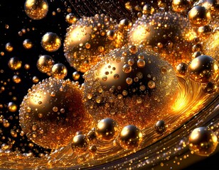 Abstract background with golden balls on a wave of golden liquid