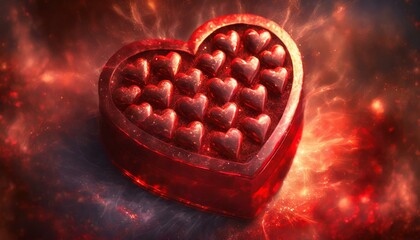 Czerwone pudełko w kształcie serca z czekoladkami w kształcie serca - obrazy, fototapety, plakaty