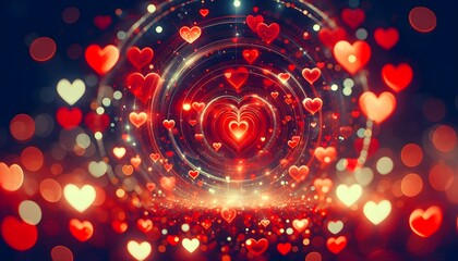 Festive background with hearts blurred lights and bokeh effect with lines swirling in the center towards