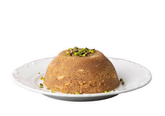 Fototapeta na wymiar Traditional Turkish semolina sweet desert halva (Turkish name; irmik helvasi)