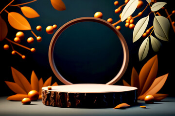 The 3D representation of a wooden product display podium with blurry natural leaves in the background 