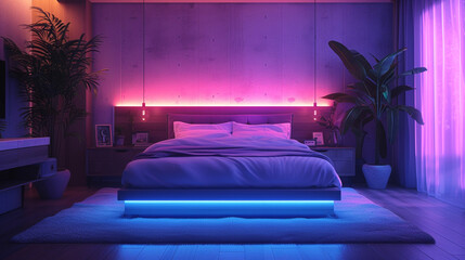 Step into an adaptive lighting bedroom, where color-changing LED panels, smart bulbs, and ambient lighting respond to your mood, creating a personalized and dynamic sleep environment.  - obrazy, fototapety, plakaty