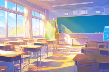 Clean, Organized School Setting Featuring Cartoonlike Watercolor Art Style Seamless Loopable Video Background - obrazy, fototapety, plakaty