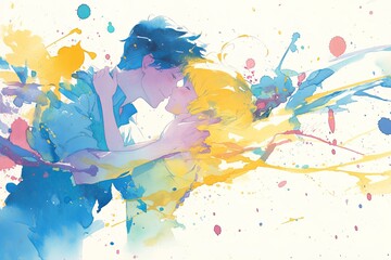 Colorful Watercolor Artwork Featuring An Animated Couple Amidst Lively Paint Splatters
