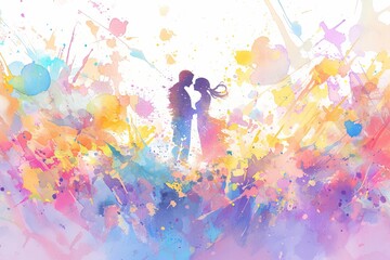 Colorful Watercolor Artwork Featuring An Animated Couple Amidst Lively Paint Splatters