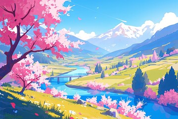Colorful, Animated Landscape Showcasing Cherry Trees, Rivers, And Mountains Looping Video